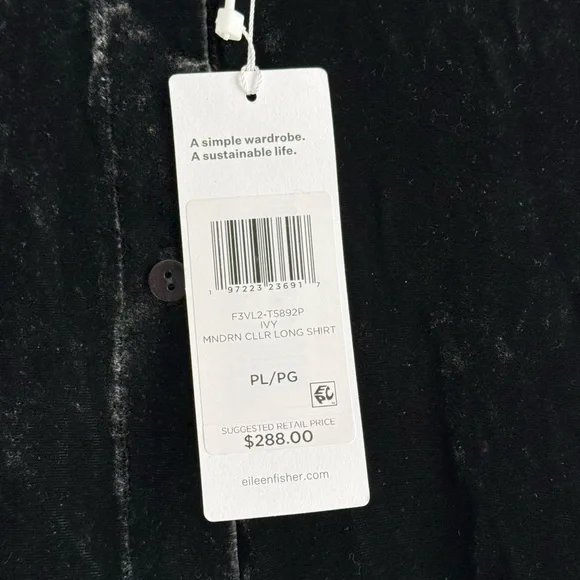 NWT Eileen Fisher Mandarin Collar Long Shirt Silk Ivy Crushed Velvet PL Petite L - Picture 10 of 16